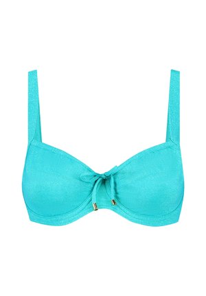 Turquoise bra with a textured, shimmery finish, underwire support, a front bow detail, and slender adjustable straps.