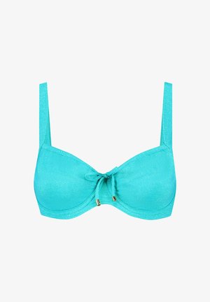 Turkooise bh met een gestructureerde, glinsterende afwerking, onderbroken ondersteuning, een detail met een strik aan de voorkant en slanke verstelbare bandjes.