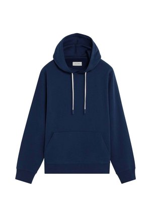 Sudadera con capucha azul marino con bolsillo delantero, cordones ajustables y capucha forrada. Hecha de tela suave con puños y dobladillo acanalados. Diseño sencillo.