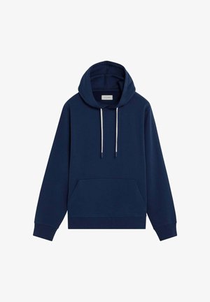 Sudadera con capucha azul marino con bolsillo delantero, cordones ajustables y capucha forrada. Hecha de tela suave con puños y dobladillo acanalados. Diseño sencillo.