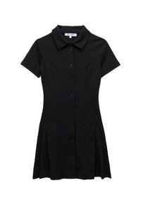Schwarzes Kurzarmkleid mit Kragen, Knopfschluss und gefaltetem Rock. Hergestellt aus glattem Stoff mit klarem Design.