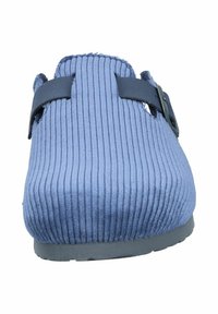 Blue corduroy slipper with a textured surface, an open-back design, and a black adjustable strap. Flat gray rubber sole.