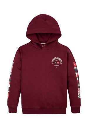 Vinrød hættetrøje med ribstrikkede manchetter og kant, hvidt og rødt Tommy Hilfiger-logo på brystet samt flerfarvede grafiske flag på begge ærmer.