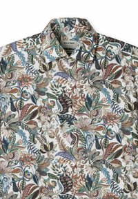 Short-sleeve shirt with a white background, featuring a colorful floral and leaf pattern in shades of green, brown, blue, and pink.