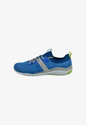 Blue athletic shoe with a mesh upper, gray accents, and a textured sole. Features a padded collar and a green heel tab for easy wear.