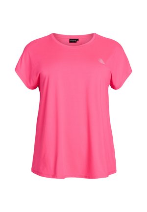 Rosa Kurzarm-T-Shirt aus weichem Stoff, mit rundem Ausschnitt und einem dezenten Logo-Akzent auf der oberen linken Seite. Glatte Textur.