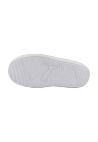 Suela de zapato de goma blanca con un diseño de dibujo y un logotipo grabado en el centro. Textura suave con bordes redondeados.