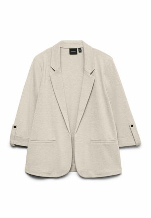 Šviesiai smėlio spalvos švarkas su laisvu siluetu, su siūlėmis ant atlapų, apsuktomis rankovėmis, priekinėmis kišenėmis ir minkšta, lygią audinio tekstūra.