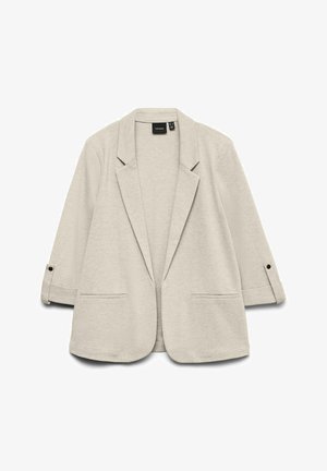 Šviesiai smėlio spalvos švarkas su laisvu siluetu, su siūlėmis ant atlapų, apsuktomis rankovėmis, priekinėmis kišenėmis ir minkšta, lygią audinio tekstūra.