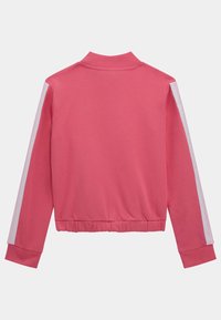 Pink sweatshirt with a ribbed collar and cuffs, elastic waistband, and white stripes along the sleeves. Soft fabric texture, casual design.