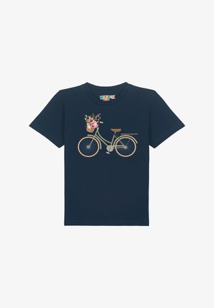 T-shirt en coton bleu marine avec un graphique de vélo vert clair, équipé d'un panier fleuri orné de fleurs roses et blanches.