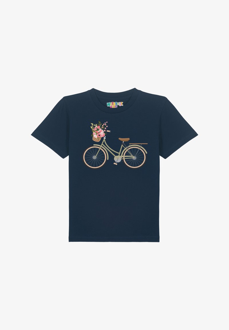 T-shirt en coton bleu marine avec un graphique de vélo vert clair, équipé d'un panier fleuri orné de fleurs roses et blanches.