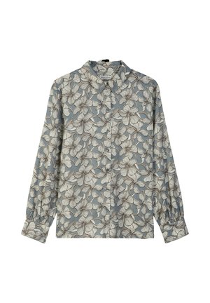 Hellblaues Langarmhemd mit einem Blumenmuster in Weiß und Braun, mit Kragen und Knopfleiste vorne. Weiche Stoffstruktur.