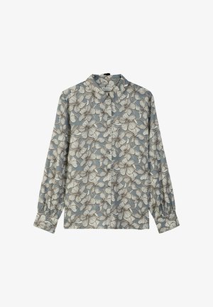 Hellblaues Langarmhemd mit einem Blumenmuster in Weiß und Braun, mit Kragen und Knopfleiste vorne. Weiche Stoffstruktur.