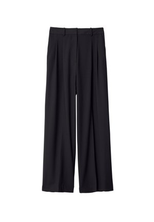 Black wide-leg trousers with belt loops and front pleats, displayed against a white background.