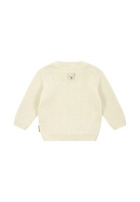 Cremefarbener, gestrickter Cardigan mit langen Ärmeln, versehen mit einem strukturierten Muster und einem Bärenmotiv auf dem Rücken. Rundhalsausschnitt und gerippte Bündchen.