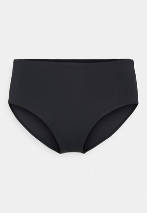 Høyt liv svart bikini underdel laget av glatt stoff, med sømløs design og klassisk snitt, passende for badetøy.
