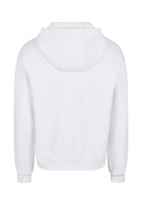 Hoodie bianco cropped con cappuccio regolabile, maniche lunghe e polsini a coste. Texture liscia con un design pulito e minimalista.