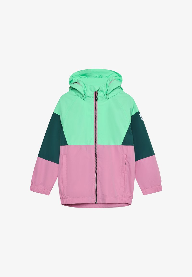 Colorblock-jas in muntgroen, donkergroen en roze, met capuchon, ritssluiting, elastische manchetten en zijzakken.