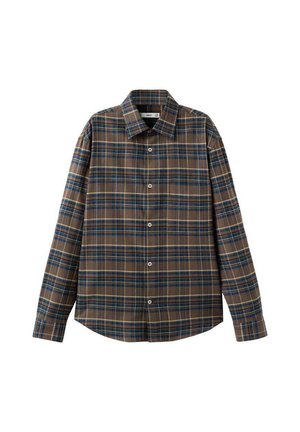 Braunes kariertes Hemd mit Button-Down-Kragen, langen Ärmeln und geradem Saum. Das Muster enthält blaue und gelbe Akzente.