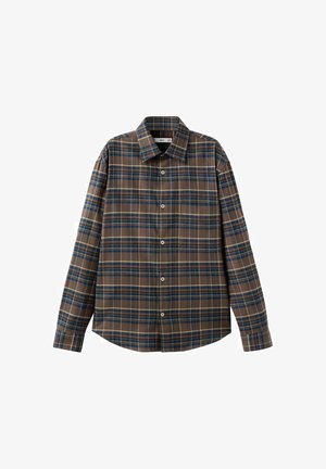 Camicia a quadri marrone con collo abbottonato, maniche lunghe e orlo dritto. Il motivo include accenti blu e gialli.