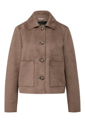 Braune Wildlederjacke zum Knöpfen mit weitem Kragen, zwei aufgesetzten Taschen vorne und langen Ärmeln.