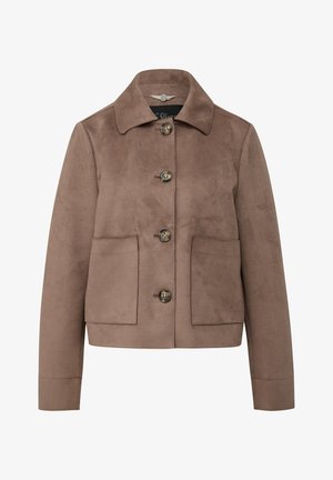 Braune Wildlederjacke zum Knöpfen mit weitem Kragen, zwei aufgesetzten Taschen vorne und langen Ärmeln.