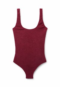 Maillot de bain une pièce bordeaux en tissu tricoté texturé. Doté de larges bretelles et d'une coupe classique avec de grandes ouvertures de jambe.