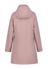 Manteau de pluie long pour femmes, rose clair, avec capuche attachée, manches longues et taille cintrée, vu de derrière sur fond blanc.