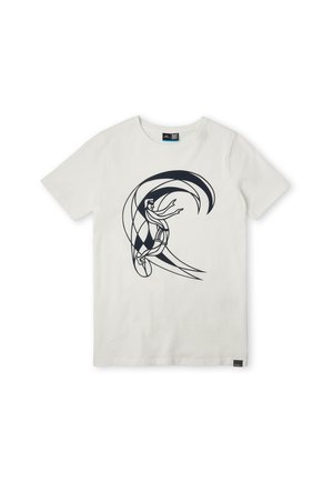 White short-sleeve t-shirt with black abstract line art of a surfer riding a large curling wave on the front.