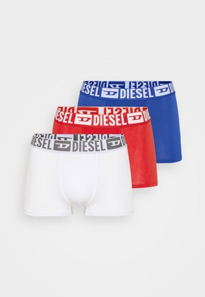 Three pairs of men's boxer briefs in white, red, and blue, featuring contrasting elastic waistbands with "DIESEL" logo printed.