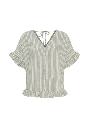 Stribet linned top i lys grøn og creme, med V-hals, korte flouncy ærmer og en binding ved nakken bagpå.