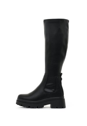 Schwarze kniehohe Stiefel aus glattem Leder, mit einer strukturierten Sohle, elastischen seitlichen Einsätzen und einem dezenten Absatz für zusätzlichen Schwung.