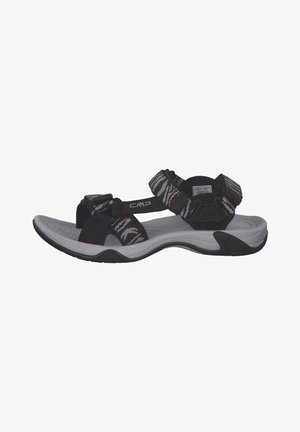 Black and gray sport sandals with adjustable straps, textured footbed, and lightweight sole. Features a patterned strap design for added grip.