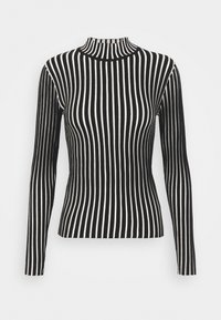 Zwart-witte longsleeve top met een hoge hals. Kenmerkt zich door verticale strepen en een aansluitend ontwerp met een gladde textuur.