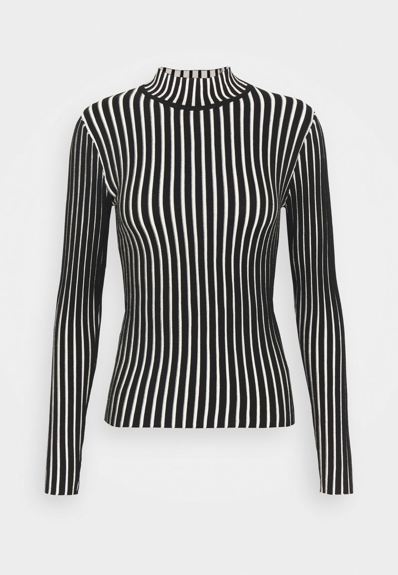 Zwart-witte longsleeve top met een hoge hals. Kenmerkt zich door verticale strepen en een aansluitend ontwerp met een gladde textuur.