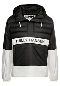 Giacca pullover Helly Hansen in bianco e nero, caratterizzata da una parte superiore imbottita, polsini elastici e una grande tasca frontale.
