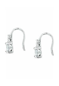 Orecchini a gancio in metallo argento con accenti di gemme trasparenti, design strutturato con una finitura minimalista e texture lucida.