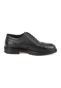 Zwarte leren brogue schoenen met textuurafwerking, geperforeerde details, vetersluiting en een stevige rubberen zool. Klassieke wingtipvorm.
