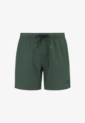 Groene zwemshorts gemaakt van lichtgewicht stof. Voorzien van een elastische tailleband met een trekkoord en een klein logo aan de zijkant.