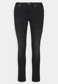 Jeans skinny neri in denim, dotati di cinque tasche, chiusura lampo e vita con bottone di rame. Texture liscia e design classico.