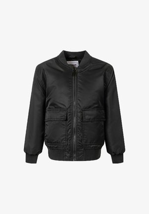 Veste bomber noire avec fermeture éclair à l'avant, deux poches à rabat, col, poignets et ourlet côtelés, présentée sur un fond blanc.
