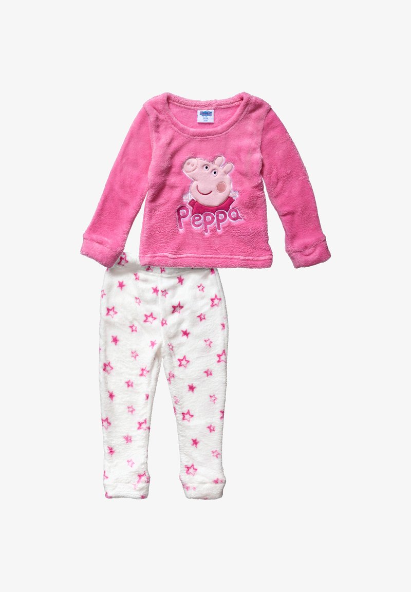 Różowy długi rękaw z polaru z motywem Peppy Świnki oraz białe spodnie z polaru z różowymi gwiazdkami. Miękka faktura na całej powierzchni.
