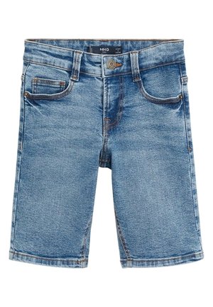 Lyseblå denimshorts med frontknap, bæltestropper og tre forlommer, designet til børn.