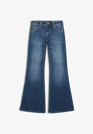 Bershka, LOW-RISE EMBROIDERED LOW FLARE DENIM JEANS - Jeans a zampa - dark blue