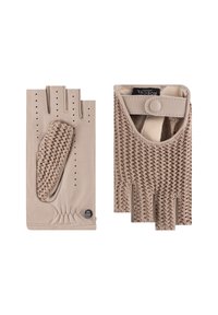 Guanti beige senza dita con palmo in pelle, retro lavorato a maglia per traspirabilità e chiusura a scatto. Include un piccolo dettaglio decorativo del logo.