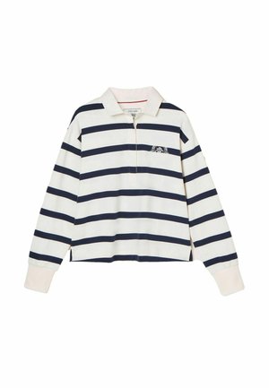 Long-sleeve polo shirt in cream with navy stripes. Features a collar, half-zip placket, and an embroidered logo on the left chest.