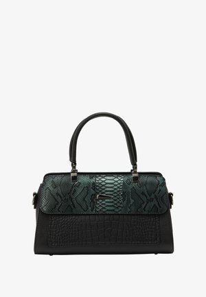 Sort håndtaske med tekstureret læder og en grøn slangeprint accent på forsiden. Struktureret design med dobbelte håndtag og metalhardware.