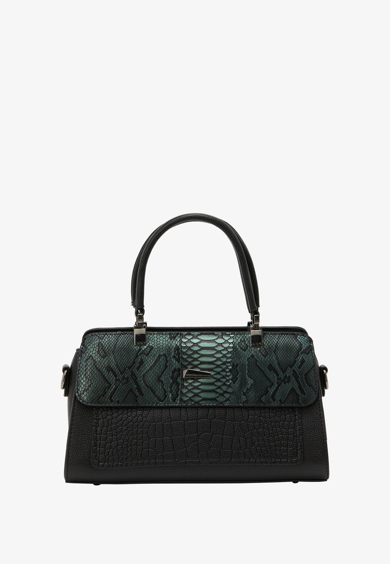 Sort håndtaske med tekstureret læder og en grøn slangeprint accent på forsiden. Struktureret design med dobbelte håndtag og metalhardware.