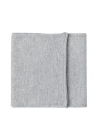 Grijs gebreid textiel, rechthoekige vorm, met een gevouwen naad. De textuur is glad met een uniform patroon door het hele oppervlak.